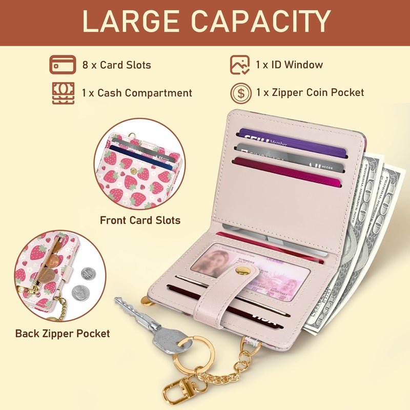 Jogjam Strawberry Rfid Girls Girly Teen Wallet, Small Slim Thin Compact Travel Credit Card Women Wallet, Cute PU Leather Bifold Cash Zipper Coin Pocket ID Window for Female Ladies Gifts - Image 4